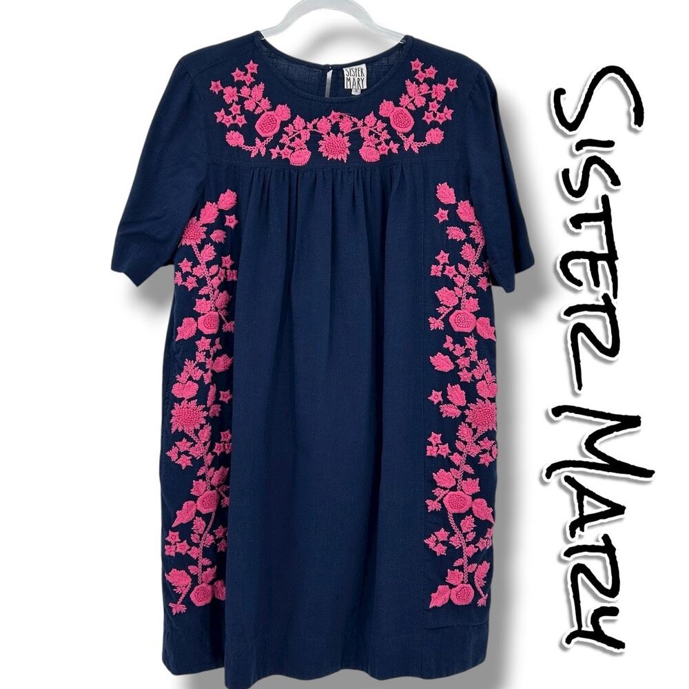 Sister Mary Navy Cotton Shift Dress Pink Floral Embroidery Pockets Womens Sz S
